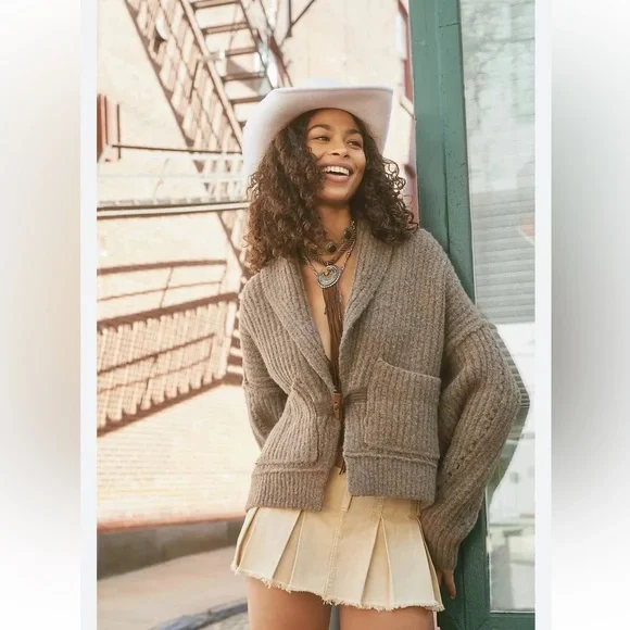 Tribal Taupe Ribbed Shawl-Collar Cardigan - Picture 1 of 10